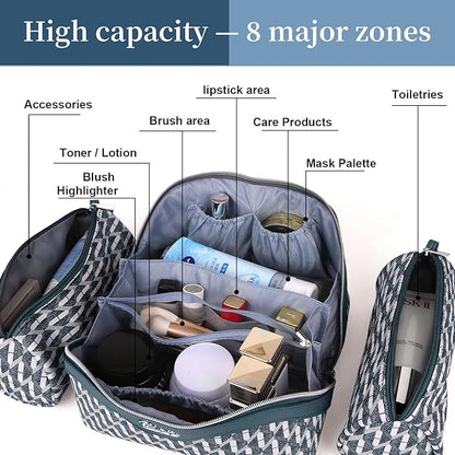 BOYATU Travel Makeup Bags for Women: Large Capacity Cosmetic Bag Set of 3 - Vegan Leather Make up Bags with Compartments - Wide Open Waterproof Toiletry Organizer Bag with Handle (B-01-Royal blue)