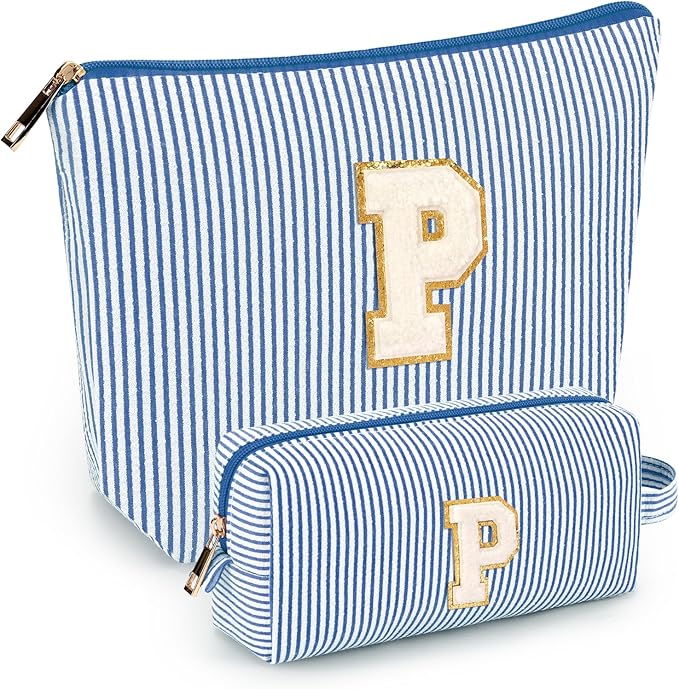 2 PCS Initial Makeup Bags for Women: Cosmetic Bag for Travel Toiletry - Birthday Gifts for 11 12 13 14 15 16 17 18 Years Old Girl Graduation Teacher Gift- Teen Girl Gifts Trendy Stuff - Blue P