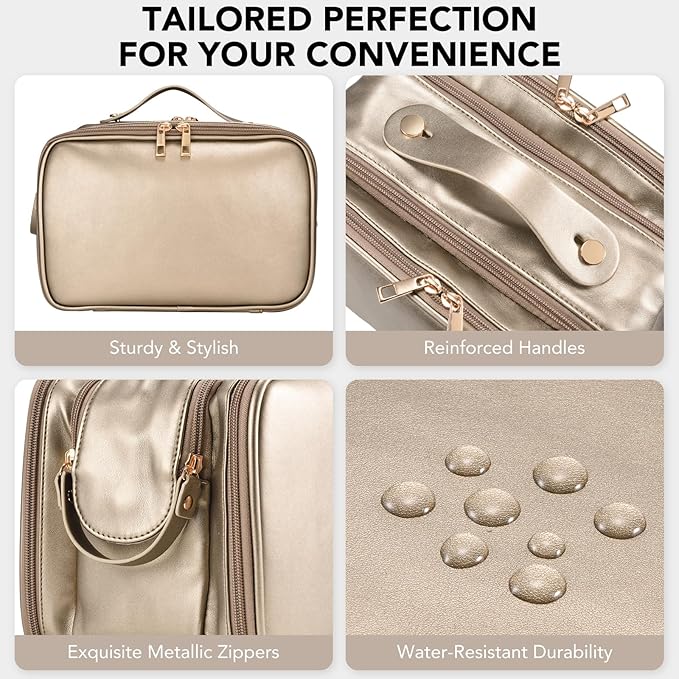 Travel Makeup Bag Women's Large Capacity Cosmetic Portable Organizer Large Opening Waterproof Storage Toiletry Bags Vertical Free-Standing Brush Holder for Easy Access Copper