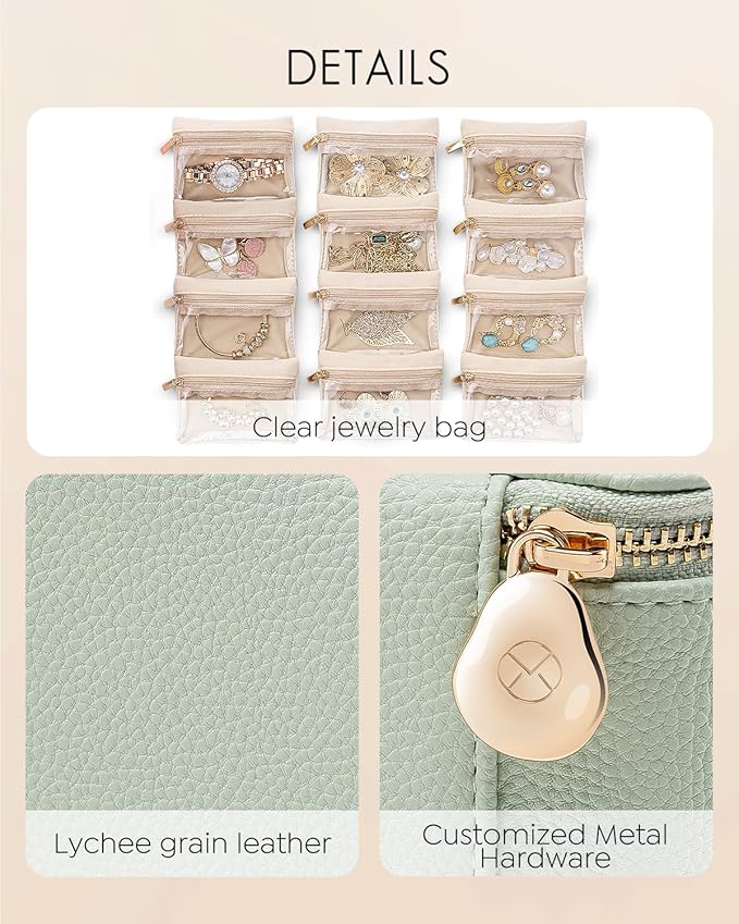 Vlando Jewelry Organizer with 12 Velvet Jewelry Bags Travel Jewelry Case for Girls Premium Petal Hardware Jewelry Box Necklace Rings Earrings Bags Birthday Christmas Gifts for Self-Mint Green