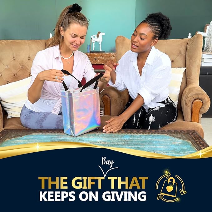 Nush Nush Set of 30 Iridescent Gift Bags Bulk – Stunning Holographic Silver Bulk Gift Bags with Handles - Ideal Reusable Goodie Bag for Birthday Party, Bachelorette Party Favors - 8Wx4Dx10H