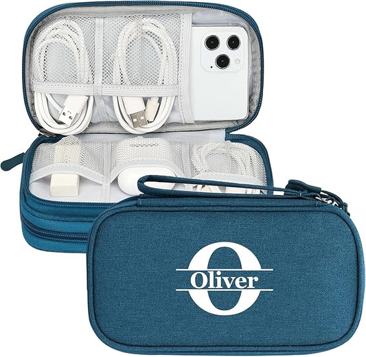 Personalized Electronics Organizer Travel Case – Custom Name Compact Cable Storage Bag for Chargers, Cords, USB Flash Drives – Waterproof Tech Pouch for Travel, Business and Daily Organization- Green
