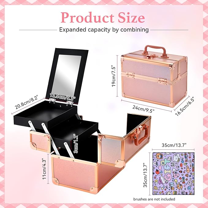 Makeup Train Case, Portable Makeup Case with Mirror, 2-Trays Cosmetic Organizer Case,Nail Polish Organizer, Travel Makeup Box, Profesional for Salon Barber, Rose Gold