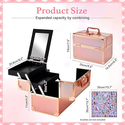 Makeup Train Case, Portable Makeup Case with Mirror, 2-Trays Cosmetic Organizer Case,Nail Polish Organizer, Travel Makeup Box, Profesional for Salon Barber, Rose Gold