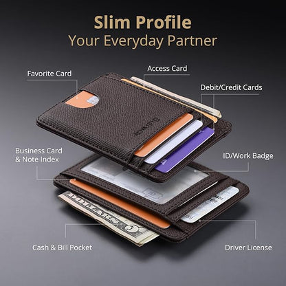 Buffway Slim Minimalist Front Pocket RFID Blocking Leather Wallets for Men and Women - Galaxy Coffee