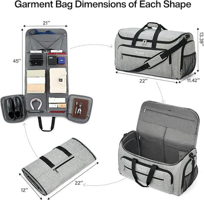 MILADA Convertible 2-in-1 Garment Duffel Weekender Bag Carry On Garment Bags for Travel Hanging Clothes Suit Bag Foldable Personal Item Business Overnight Bag with Shoe Compartment, Light Grey