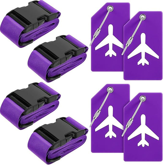 Weewooday 8 Pcs Luggage Straps Suitcase Tags Set for TSA Approved, 4 Travel Adjustable Suitcase Belt, 4 Silicone Luggage Tags with Name ID Card Travel Accessories(Dark Purple,Airplane)