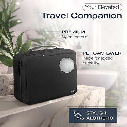 KAZAY Hanging Toiletry Bag with TSA Approved Detachable Pouch, Travel Toiletry Bag, Water Resistant, Premium Nylon, Travel Size Toiletries Cosmetic Bag, Makeup Bag, Unisex (Black)