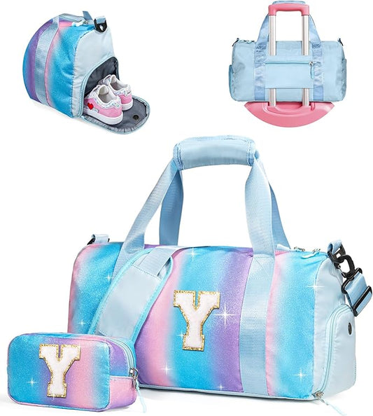 Christmas Gifts for Kids-Girl Gym Bag with Shoe Compartment, Kid Personalized Weekender Overnight Bags, Initial Travel Tote with Makeup Pouch, Graduation Gift for Girls (Letter Y)