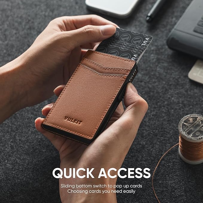 VULKIT Men's Slim Wallet Pop Up Card Holder RFID Blocking Metal Wallet Minimalist Design Holds Up to 11 Cards, Nappa Leather
