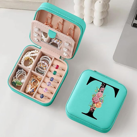 Parima Christmas Stocking Stuffers Gifts Portable Jewelry Case Organizer, Travel Essentials for Women Birthday Gifts for Women Friends Female Teen Girls Jewelry Boxes Monogrammed - Letter T, Blue