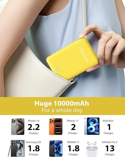 miisso 10000mAh Compatible with iPhone 15/16/17 and Android, Slim Portable Charger with Built in Cable, Power Bank Travel Charger External Battery Pack for Phone, 3 Output USB Type C Cord, Yellow