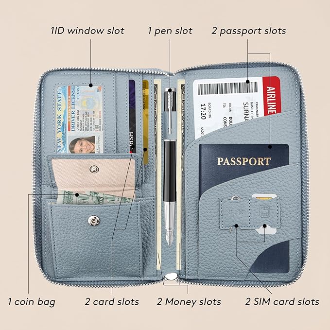 Leather Travel Wallet, RFID passport wallet for travel, with Zippered Pocket and Cash Slot, for Secure Traveling and Documentation Organizer（Denim blue）