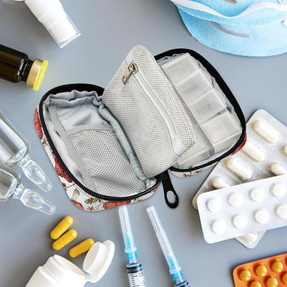 Fustylead Travel Pill Organizer Case Zipper for Purse with Removable Weekly Pill Box for Medicine, Vitamin, Supplement Medicine Organizer (Amanita Mushroom)