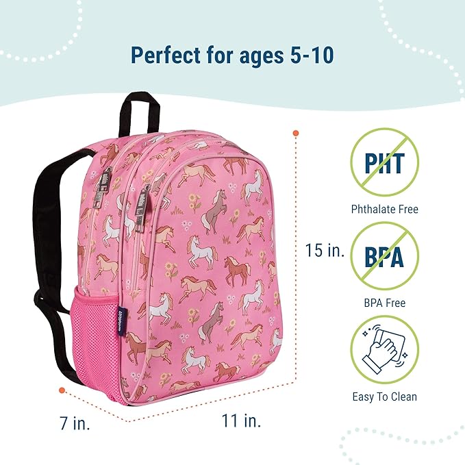 Wildkin 15-inch Kids Backpack – Durable, Padded, Adjustable for School & Travel - Wild Horses