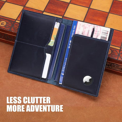 STAR VISTA Albatross Leather Travel Passport Holder, Minimalist Design, Full Grain Leather Case for Women and Men - Slim Passport Wallet, Bifold, RFID Blocking, with AirTag Holder, Navy Blue