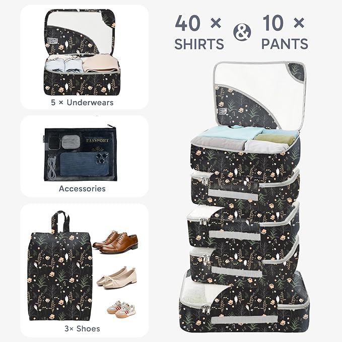 ALL INCLUDED 10 Set Durable Packing Cubes for Suitcases,OlarHike Essentials for Travel,UPGRADED Anti-Tear Stitching, NEW Improved Luggage Packing Organizers for Travel Accessories, Black Flower