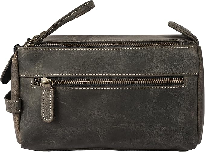 KomalC Premium Buffalo Leather Toiletry Bag for Men & Women – Leather Dopp Kit With Water resistant Lining, Premium Toiletry Travel Pouch, Unisex Wash Bag for Toiletries, Gifts for Men and Women
