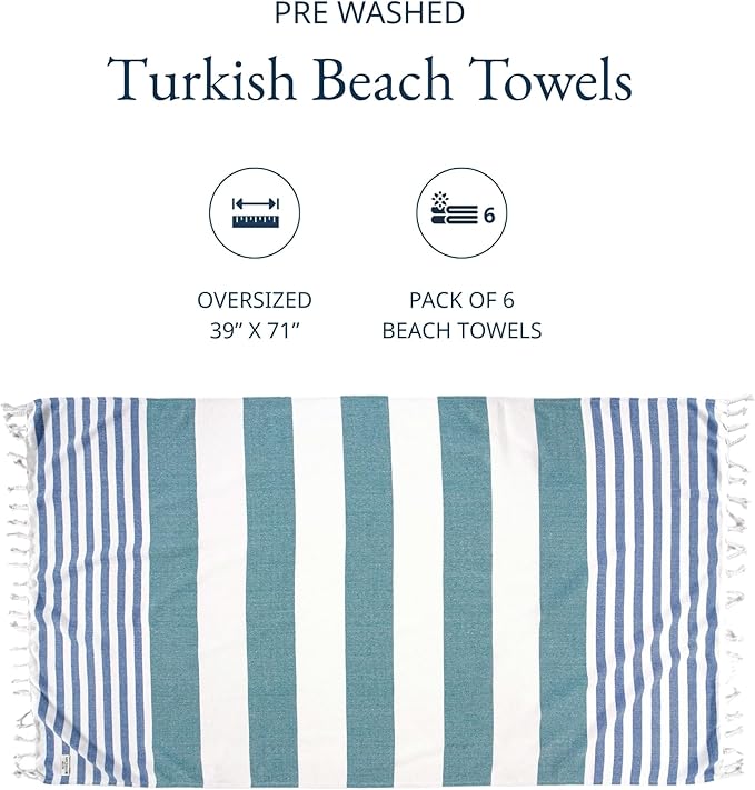 LANE LINEN Beach Towels 6 Pack - Oversized & Pre-Washed Large Beach Towel Set - Stylish Pool Towels for Adults, Quick Dry, Soft & Lightweight Lightweight Travel Towel Pack, 39"x71" - Coastal Harmony