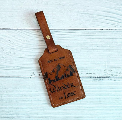 Mayan Corner - Handcrafted Brown Leather Luggage Tag with Adventure Quote, Decorative Stitching