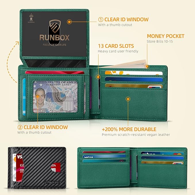 RUNBOX Wallet for Men Slim Rfid Leather 2 ID Window With Gift Box