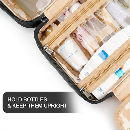 Travel Hanging Toiletry Bag for Women, with Jewelry Organizer Compartment, Medium Waterproof Hanging Makeup Accessories, Cosmetic Essentials, Toiletries Dopp Kit Set with Trolley Belt, Black