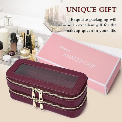 Pinkmik Double Layer Makeup Bag Makeup Brush Case Waterproof Travel Cosmetic & Toiletry Bag Purse Organizer and Car Essentials for Women (X/Burgundy, Double SLIM)