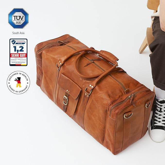 Berliner Bags Vintage Genuine Leather Duffle Bag New York XXXL for Travel or the Gym, Weekender, Travel Bag, Overnight Bag for Men and Women - Brown