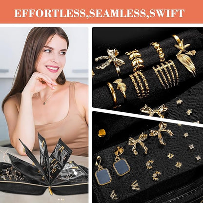 Travel Jewelry Organizer - Imitation Leather Travel Jewelry Case with Adjustable Pages, Jewelry Bag for Earrings,Rings,Necklaces,Bracelets-Perfect,Waterproof, Ideal for Trips & Gifts (Black)