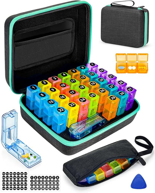 Monthly Pill Organizer 3 Times a Days, Friwole Medicine Organizer Box with Portable Hard Shell and Pill Cutter, 31 Day Pill Box with Monthly and Weekly Sticker (3 Times a Day)