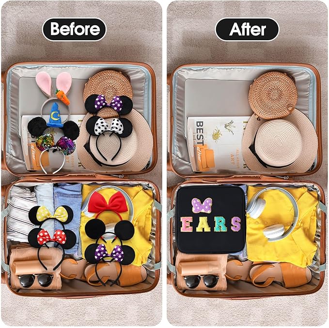 Chenille Letter Bow Mouse Ears Travel Case, Park Ears Headband Holder Hair Accessories Organizer Bag for Girls Women Kids Adults, Large Makeup Bag Snack Bags with Zipper for Travel Picnic - Black