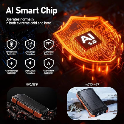 ERRBBIC Solar Charger Power Bank 49800mAh, 22.5W Portable Charger, 15W Wireless Charging, Solar Panel Charger, Built-in Four Cable, with USB C for Cell Phones, with Dual Flashlight for Camping