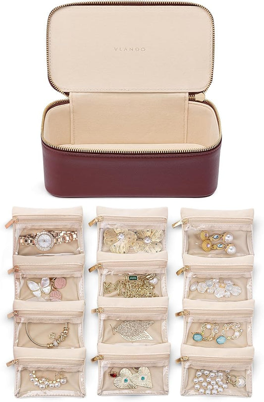 Vlando Jewelry Box with 12 Velvet Jewelry Bags Travel Jewelry Case for Girls Jewelry Organizers Necklace Rings Earrings Storage Bags Christmas Gifts Bridal Shower Gifts- Red