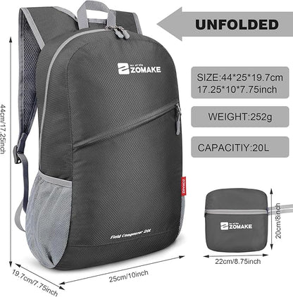 ZOMAKE Lightweight Packable Backpack 20L, Foldable Backpacks Small Daypack for Hiking Water Resistant Day Bag for Travel(Medium Grey)