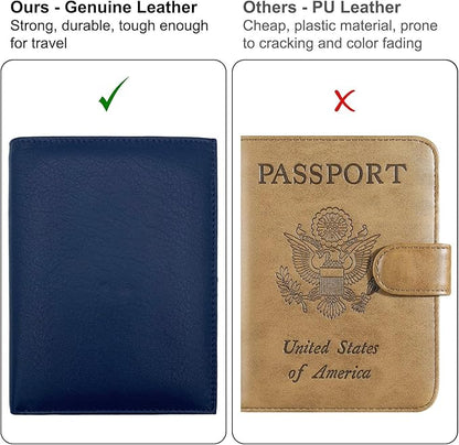 Blue RFID Genuine Leather Passport Wallet
