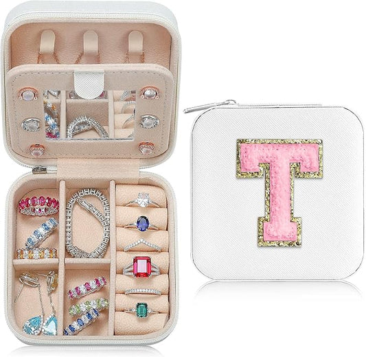Parima Travel Jewelry Case, Organizer Box Small Case Boxes for Women Mini Initial T White
