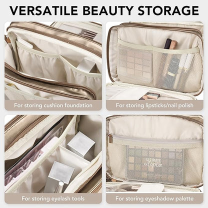 Travel Makeup Bag Women's Large Capacity Cosmetic Portable Organizer Large Opening Waterproof Storage Toiletry Bags Vertical Free-Standing Brush Holder for Easy Access Copper