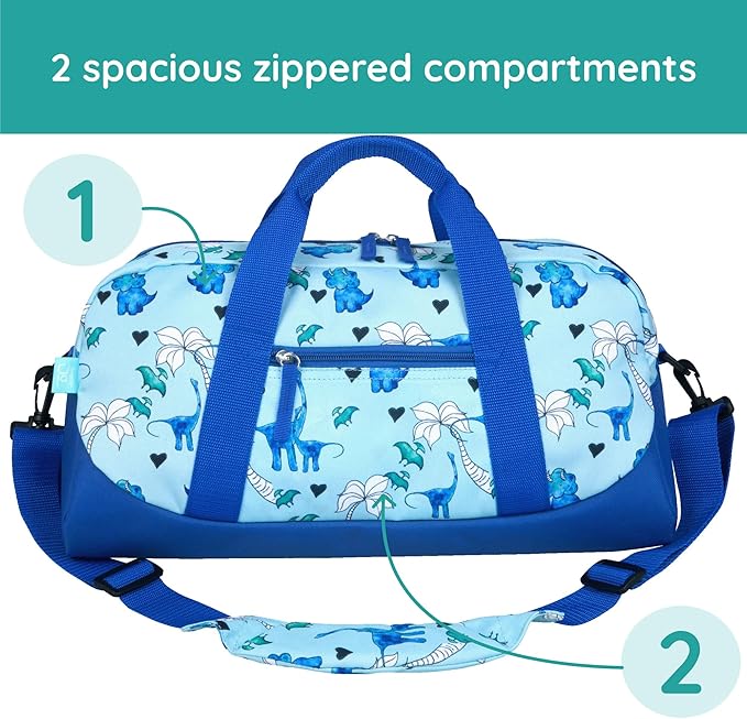 JumpOff Jo by Wildkin Overnighter Duffel Bag – Lightweight Travel Bag for Kids - Blue Dino