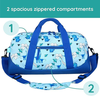 JumpOff Jo by Wildkin Overnighter Duffel Bag – Lightweight Travel Bag for Kids - Blue Dino