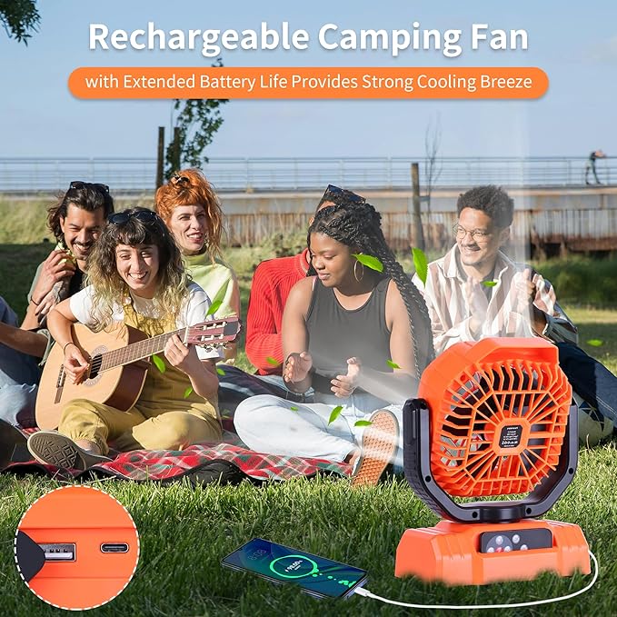 AVV 20000mAh High Speed Portable Camping Rechargeable Fan with Remote Control, Battery Powered with Auto Oscillating with Camping Essentials Accessories for Outdoor, Beach, Patio, Tent, Orange
