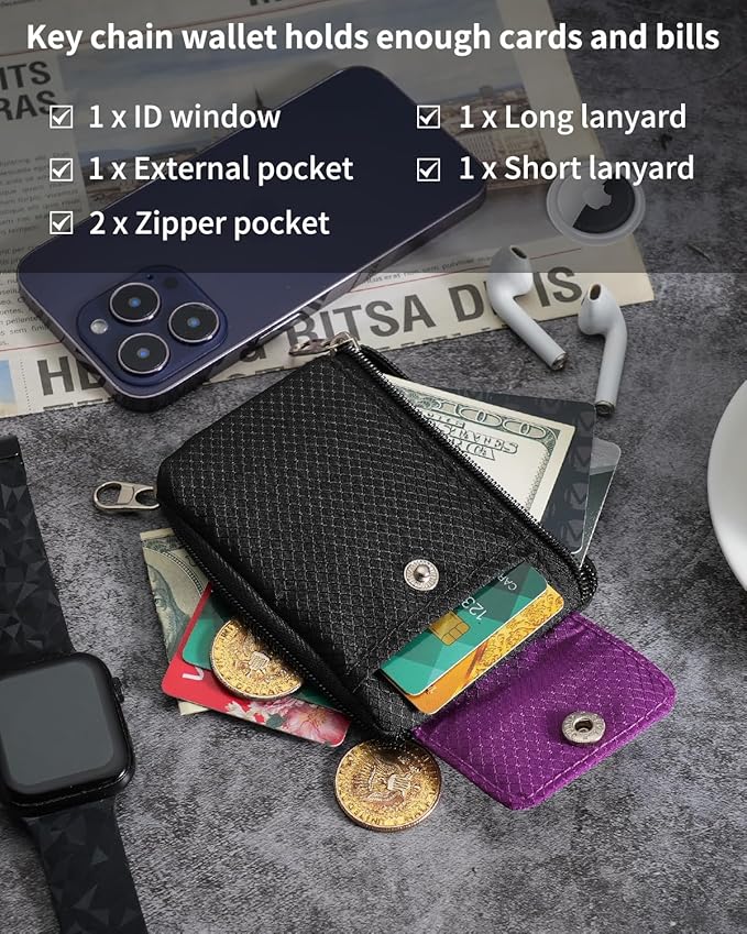 Minimalist Wallet For Mens Womens, Keychain RFID Blocking Zipper Small Wallet with ID Window 2 Lanyards,Water Resistant Travel Cash Card Coin Case Boys Girls