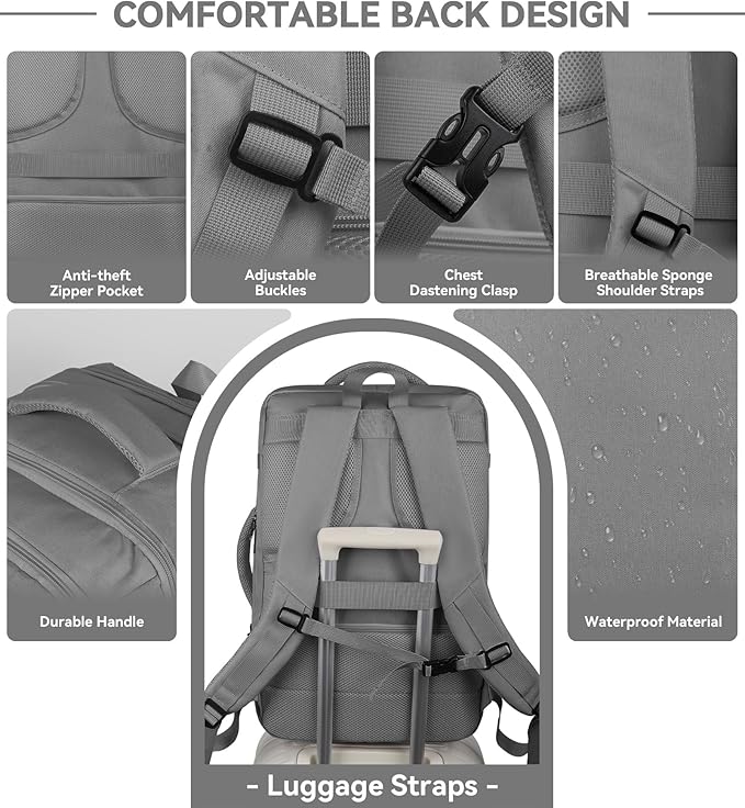 60L Travel Laptop Backpack for Men, Extra Large Backpack, Big Capacity Carry On Backpack, 18 -19 Inch Laptop Backpack with USB Charge Port Water Resistant Luggage Computer Daypack College Bag, Grey