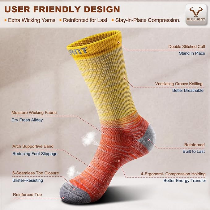 BULLIANT Compression Socks for Men 6Pairs, Athletic Crew Socks Cushioned For Men Sports Running-Arch Support