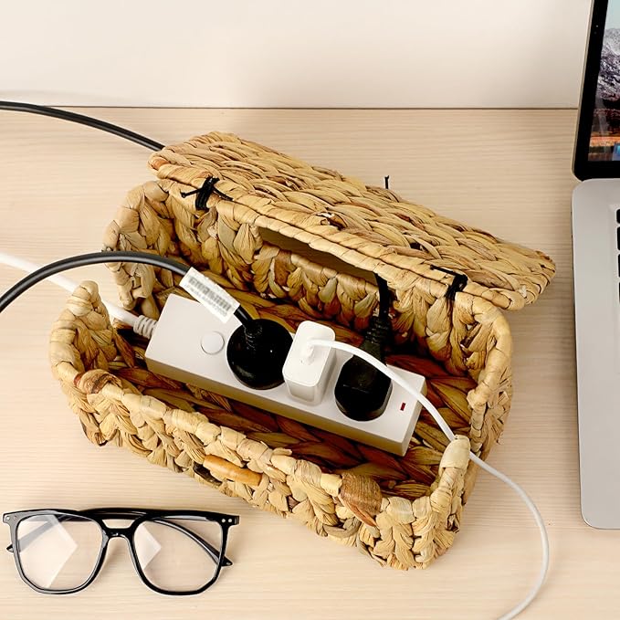 BTSKY Woven Cable Management Box with Lid, Water Hyacinth Cord Organizer for Desk, Cable Organizer Box with 2-Open Slots to Hide Power Strips USB Hubs for Home & Office, Pet Proofing Cord Basket, S