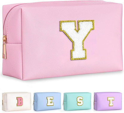 TOPEAST Preppy Makeup Bag, Small Cosmetic Travel Bags for Women, PU Leather Waterproof Toiletry Bag with Zipper, Personalized Birthday Gift for Women Girl, Preppy Gifts for Girl (Pink Y)