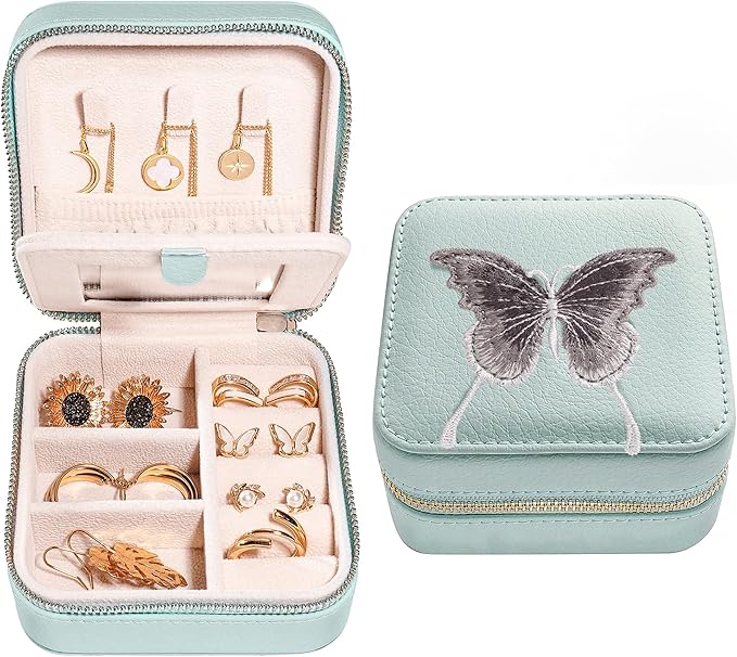 S.Leaf Travel Jewelry Organizer Boxes for Women Small Portable Necklace Earrings Bracelet Rings Travel Case Best Friend Birthday Gifts for Women Trendy (Butterfly_Hazeblue_Gray)