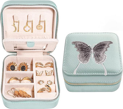 S.Leaf Travel Jewelry Organizer Boxes for Women Small Portable Necklace Earrings Bracelet Rings Travel Case Best Friend Birthday Gifts for Women Trendy (Butterfly_Hazeblue_Gray)