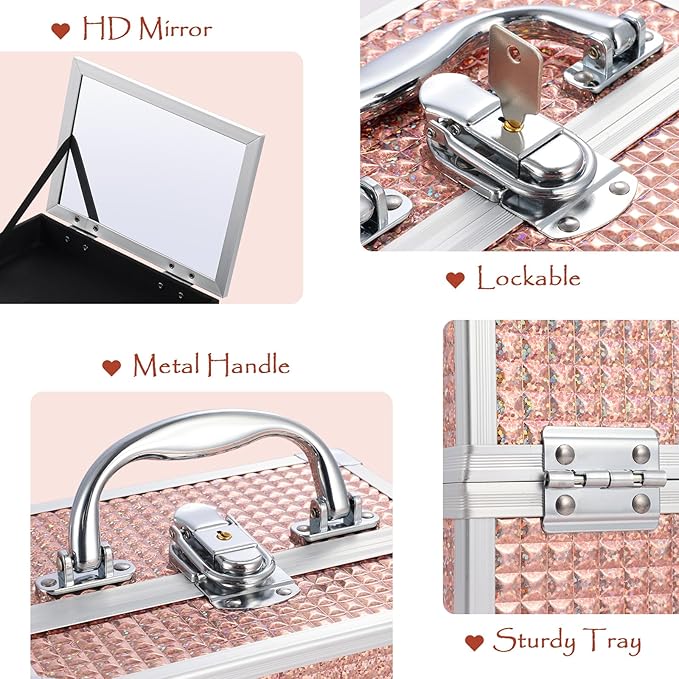 Costravio Makeup Box with Mirror, Makeup Organizer Case Train Case for Girls Women Kids Make up Box Makeup Case Organizer with Lock and Key Storage Vanity for Polishes Cosmetic Jewelry, Shiny Pink