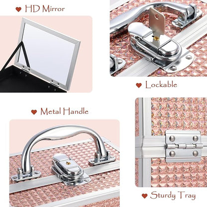 Costravio Makeup Box with Mirror, Makeup Organizer Case Train Case for Girls Women Kids Make up Box Makeup Case Organizer with Lock and Key Storage Vanity for Polishes Cosmetic Jewelry, Shiny Pink