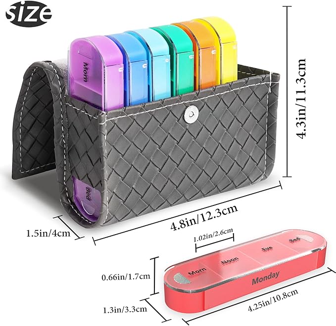 Pill Organizer,LIZIMANDU Weekly Travel Pill Case Box Medication Reminder Daily AM PM, Day Night 7 Compartments,for 4 Times A Day, 7 Days a Week-Includes Leather PU Carrying Case (1-Weave Grey)